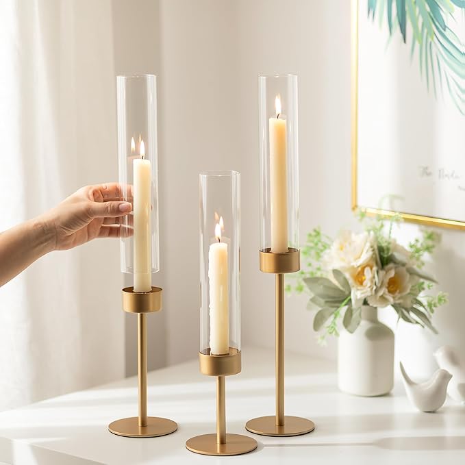 Glass Hurricane Candlestick Holders Gold - Romadedi Set of 6 Taper Candle Holder Bulk Tall Clear Glass Cylinder Table Centerpiece Wedding Decor Party Birthday Christmas Home Decorations