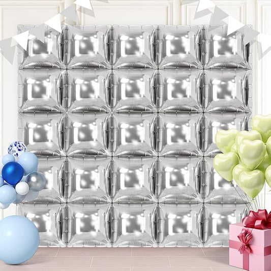Silver Square Balloon Wall Square Foil Balloons Wall Backdrop 25 Pcs Double Sided Square Balloons with Ties for Graduation Birthday Baby Shower Bridal Shower Party Arch Backdrop Decorations