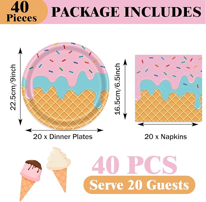 40 Pcs Ice Cream Plates and Napkins Party Supplies,Disposable Ice Cream Paper Plates and Napkins Tableware Set for Birthday Baby Shower Sweet Summer Ice Party Serve 20 Guests