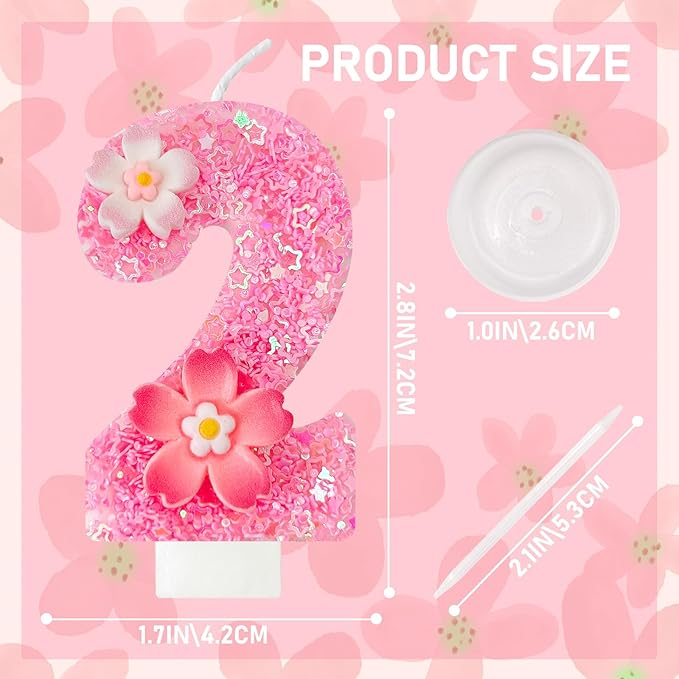 Pink Flower Birthday Candle,Number Birthday Candles for Cake, Ideal Birthday Parties Cake Decor, Wedding Anniversary and Other Celebrations (Number 2, Pink)