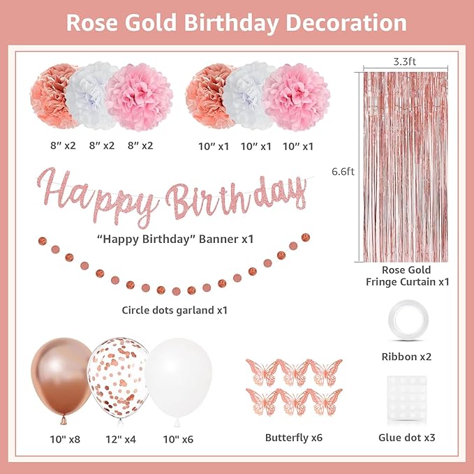 Pink Rose Gold Birthday Party Decorations Set, Rose Gold Glittery Happy Birthday banner, Curtains, Butterfly Wall，Tissue Paper Pom, Circle Dots Garland for Women's Party Decorations