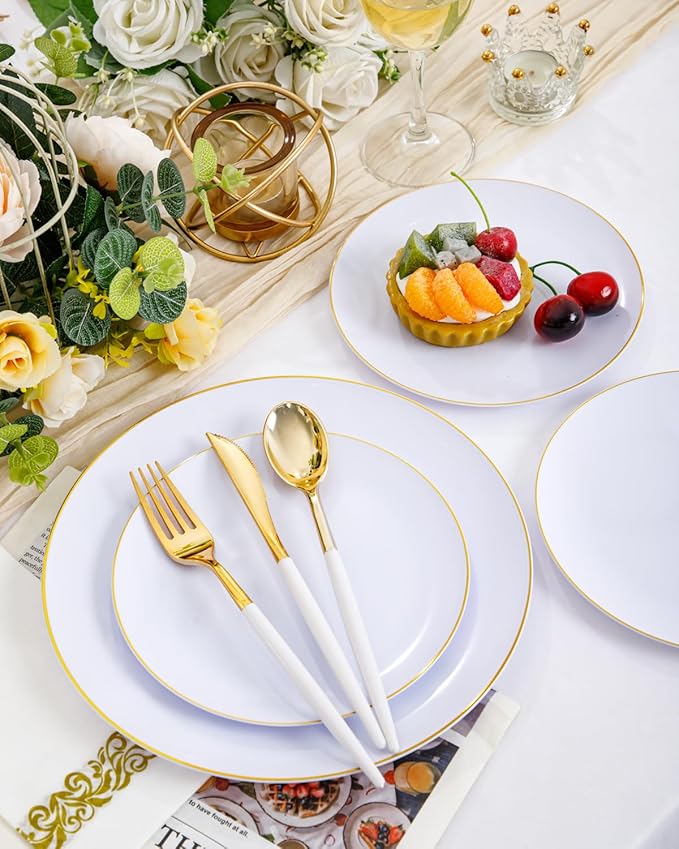 Supernal Elegant White and Gold Plastic Dinnerware Set ??Premium Heavy-Duty Disposable Plates & Gold Plastic Silverware for Weddings, Outdoor Parties & Birthdays (Serves 30)