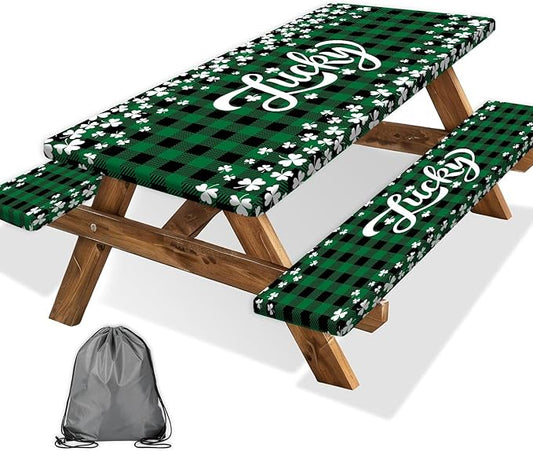 St. Patrick's Day Picnic Table Cover with Bench Covers, Camping Essentials, Buffalo Plaid Shamrock Lucky Outdoor Table Covers, Waterproof, Fitted Tablecloth Cover with Elastic Edge, 3 PCS, 30x96 Inch