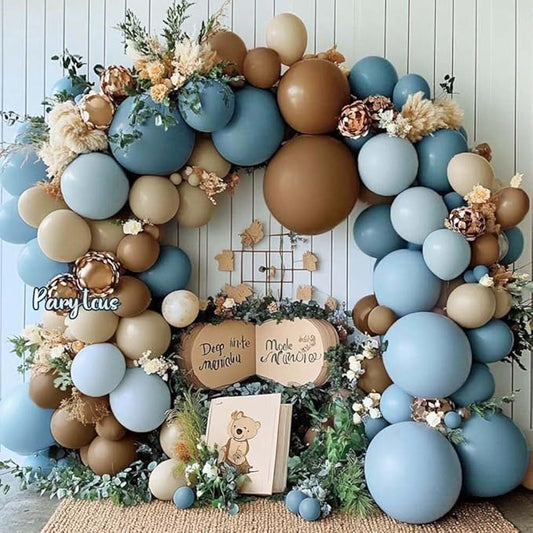 Dusty Blue Brown Balloon Arch Kit Double Stuffed Pastel Baby Blue Dark Brown Tan Coffee White Sand Latex Balloon Garland for Neutral Birthday Bear Western Cowboy Party Decoration