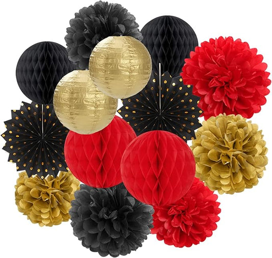 Red-Black Gold Party Decorations Streamers Lanterns - 14pcs Casino-Theme Graduation 2026 Paper Fan,Game Night Wedding Birthday Baby Bridal Shower Tissue Pom Poms,Honeycomb Balls Decor Ouruola