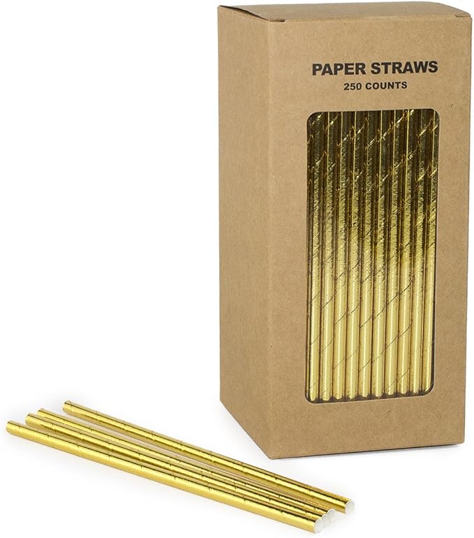 Plain Gold Foil Paper Straws Bulk, Shiny Metallic Pure Solid All Golden Paper Drinking Straws for Wedding 1st Birthday Party Holiday Christmas Anniversary New Year, Cake Pop Sticks (Gold Foil, 250)