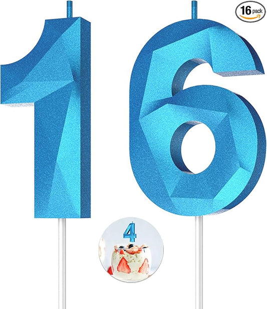 Number Birthday Candles(16 Candle Blue) 3D Diamond Shape Number Happy Birthday Cake Candles for Birthday Party Wedding Decoration Reunions Theme Party