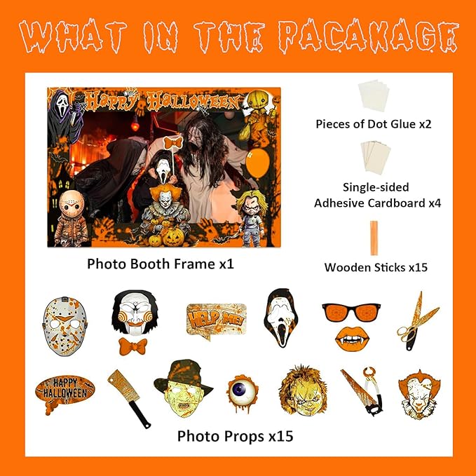 Halloween Photo Booth Props Kit – 16 Pcs Party Selfie Frame and Photo Props for Indoor Outdoor Decorations, Pumpkin Ghost Bat Designs for Halloween Events (Orange)
