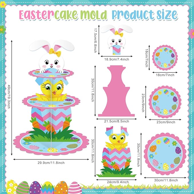 Zopeal 3 Tier Happy Easter Cupcake Stand Party Decorations Bunny Cupcake Holder Colorful Eggs Cake Holder Dessert Stand for Easter Party Supplies Birthday Baby Shower Decorations