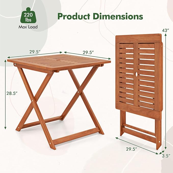 Tangkula 29.5-Inch Square Patio Dining Table, Solid Wood Folding Outdoor Bistro Table with Teak Painting & 2" Umbrella Hole, Outdoor Dining Table for Balcony, Deck, Porch, Backyard