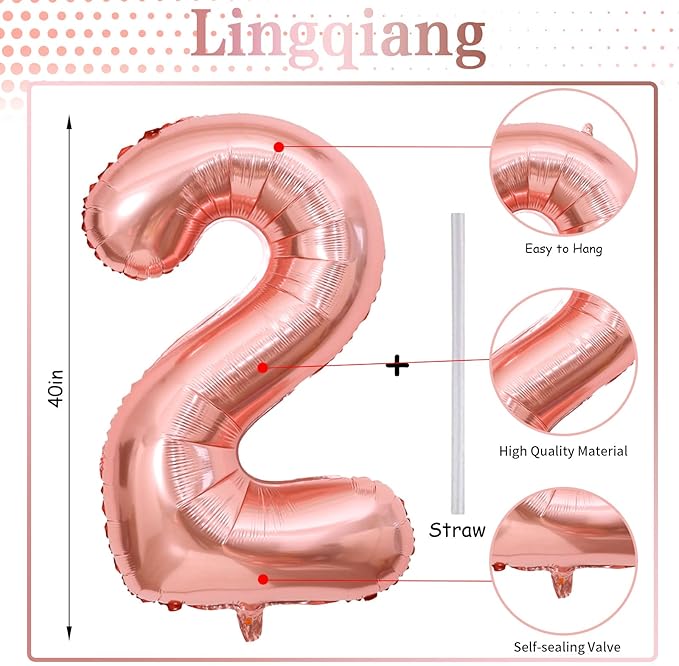 40 Inch Rose Gold Foil Balloon Number 2, Large Self Inflating Number Balloons 0-9 Digital Helium Balloons Set for Girls 2nd Birthday Women Anniversary New Year Baby Shower Party Decorations Supplies