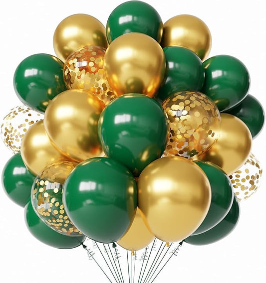 Green and Gold Latex Balloons, 60pcs 12 Inches Metallic Green Gold Confetti Balloons with 1 Ribbon for Graduation, Jungle, Birthday, Baby Shower Party Decorations