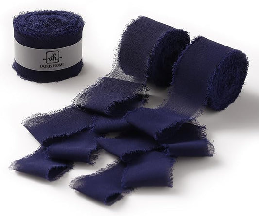 DORIS HOME Dark Navy Chiffon Ribbon for Flower Bouquet, 1" x21Yd Fabric Ribbon for Gift Wrapping, Handmade Frayed Ribbon for Wedding Invitations/Christmas Decorations