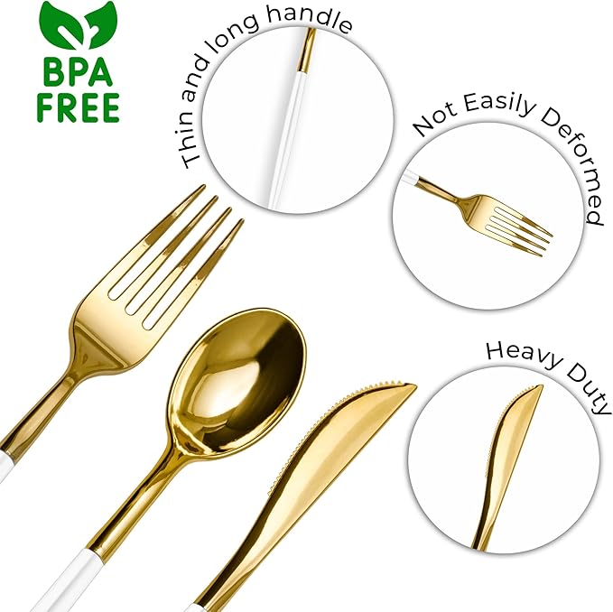 Trendables 120 Pack Disposable Silverware Set - Plastic Cutlery Dinnerware - Includes 40 - Forks - Spoons - Knives - White & Gold Plastic Silverware Utensils Party Set