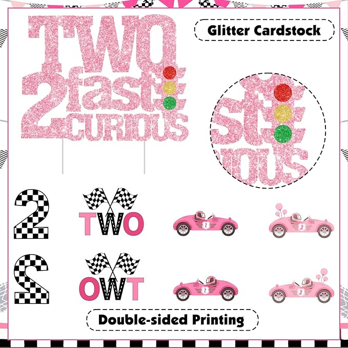 Two Fast Two Curious Birthday Decorations, 25Pcs Race Car Cake Topper Cupcake Toppers Pink for Girl 2nd Birthday Let’s Go Racing Party Supplies