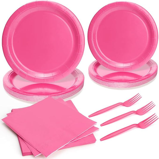 96pcs Pink Paper Plates Solid Rose Birthday Party Plates and Napkins Disposable Tableware Set for 24 Guests Baby Shower Tea Wedding Kids Birthday Party Supplies Decorations