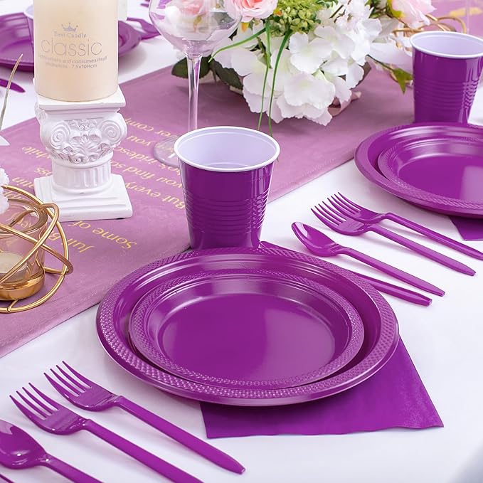 WELLIFE 210Pcs Purple Plastic Dinnerware Set, Party Supplies Including Party Plates and Cups and Napkins Sets for 30 Guests, Purple Plastic Plates