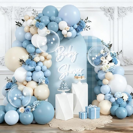 Dusty Blue Balloons Arch Garland Kit, Baby Blue and Sand White Light Blue Balloons for Birthday Gender Reveal Graduation Bachelorette Party Decorations