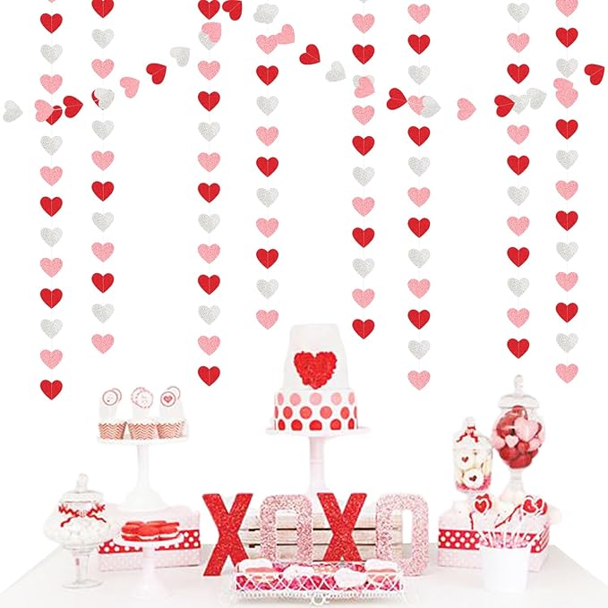 Glitter-Red Silver-Pink Valentines Party-Decorations Heart-Garland - 52ft Galentines Women Streamers Banner,Romantic Special Night Wedding Bachelorette Bridal Shower Birthday Backdrop Decor Burgleda
