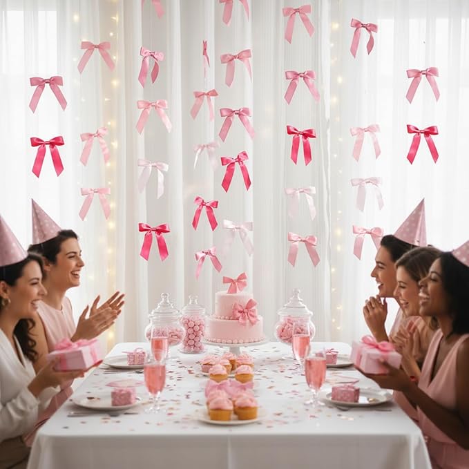 Taobary 8 Pcs 6.6 ft Bow Garland, Satin Ribbon Bow Banner Coquette Hanging Ornament for Photo Backdrop Birthday Party Wedding Bridal Baby Shower Wall Decorations(Pink Series,1 Inch)