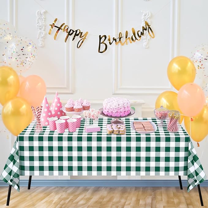 WNINK 6 Pack Green and White Checkered Rectangular Plastic Tablecloths, Green Gingham Waterproof Disposable Table Covers 54" x 108" for Birthday, Wedding, Outdoor Picnic Camping Parties