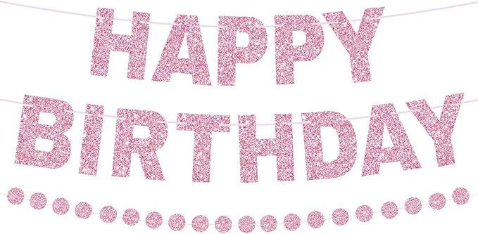 Happy Birthday Banner Pre-Strung Birthday Party Decorations NO DIY Glitter Happy Birthday Sign Circle Dots Garland Birthday Hanging Decorations for Women Men Birthday Party Supplies (Pink)