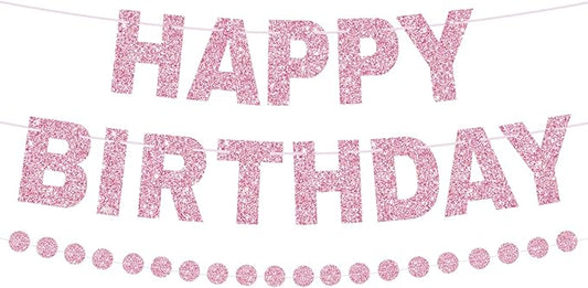 Happy Birthday Banner Pre-Strung Birthday Party Decorations NO DIY Glitter Happy Birthday Sign Circle Dots Garland Birthday Hanging Decorations for Women Men Birthday Party Supplies (Pink)