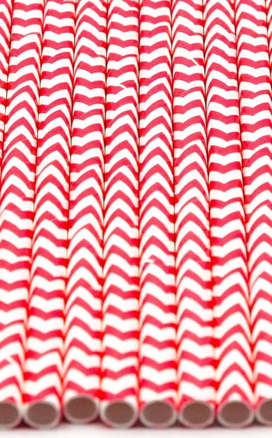 Pack of 300 Red Chevron Biodegradable 4-Ply Paper Drinking Straws (Compostable, Non-toxic, BPA-free)