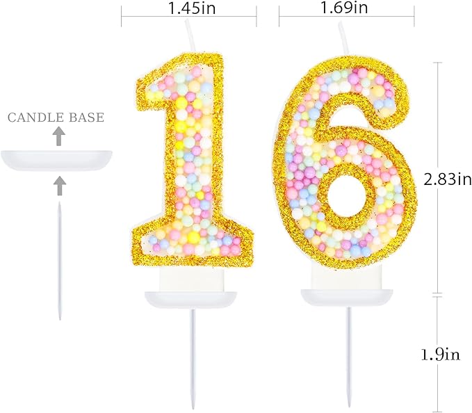 16th Birthday Candle for Cake, Colorful Macaron Numeral Candles for Boys/Girls, Birthday Party Cake Decorations, Golden Cake Topper for Birthday Party Supplies (Number 16)