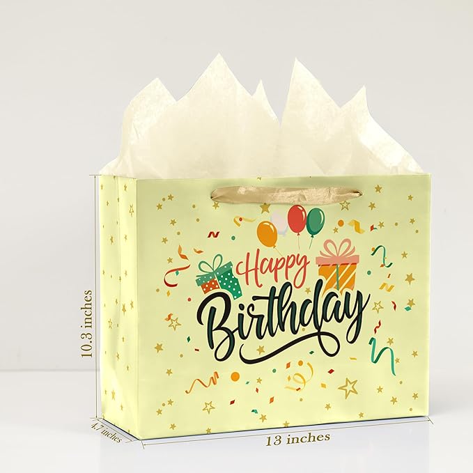 Febbleshow Yellow Birthday Gift Bags with Tissue Paper for Boys Girls Kids Baby Shower - Matte Finish with Colorful Balloon Gift Bag - 13"x10.3"x4.7" (Pack of 2)