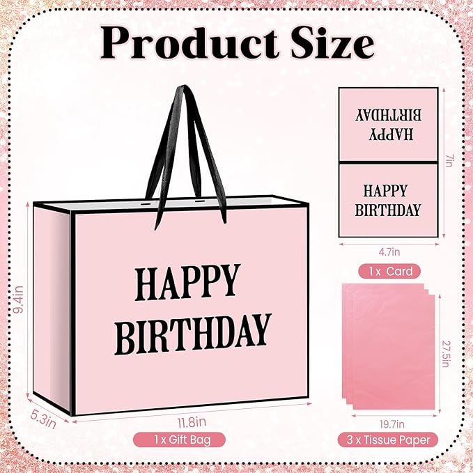 Yomaiha Pink Happy Birthday Gift Bag for Women Girls, Birthday Wrapping Paper Bag with Tissue and Card Pink Black Birth day Party Favors Supplies Decorations 11.8x9.4x5.3 inches