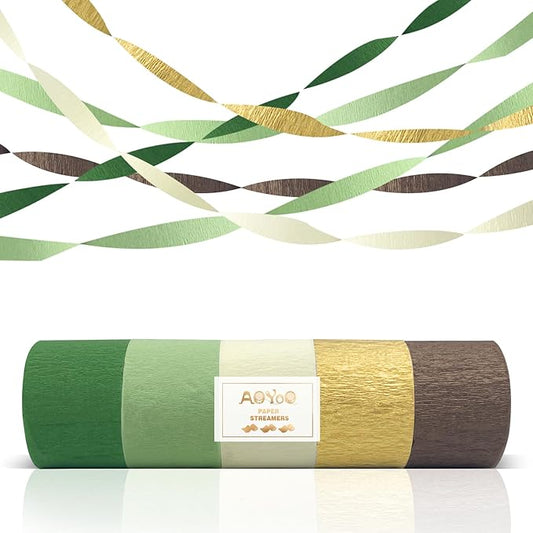AOYOO 5 Rolls Crepe Paper Streamers - Sage Olive Green, Gold & Ivory Party Decorations for Wedding, Bridal Shower, Engagement, Boho Eucalyptus Birthday Backdrop St. Patrick's Day (Not Fabric Ribbon)