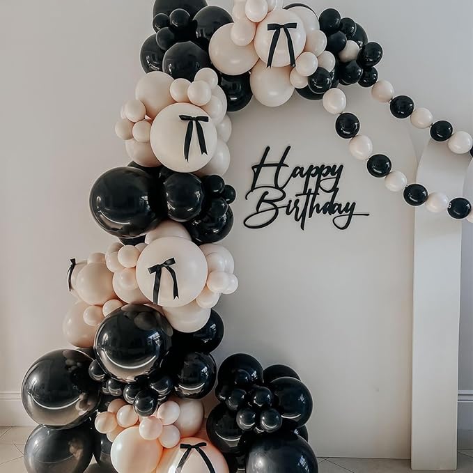 HILAVO Black and Sand White Balloon Arch Kit 105 Pcs Bow Balloon Garland Coquette Bow Balloons Ribbon Double Stuffed Sand Black Balloons for Coquette Birthday Wedding Baby Shower Bridal Party Decor