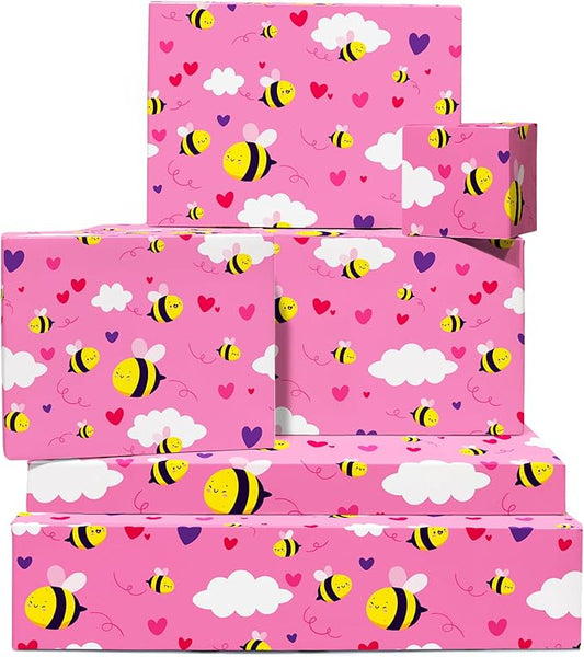 CENTRAL 23 Pink Wrapping Paper - 6 Sheets Of Gift Wrap - Bumble Bee And Heart Design - Girls Wrapping Paper For Birthday Baby Shower Valentine's Day - Recyclable