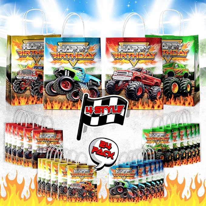 24 Pcs Monster-Truck Party Favor Bags with Handles - Racing Truck Goodie Bags Gift Bags. Checkered Theme Candy Bags for Kids, Kraft Paper Bags for Birthday Party Supplies Decorations