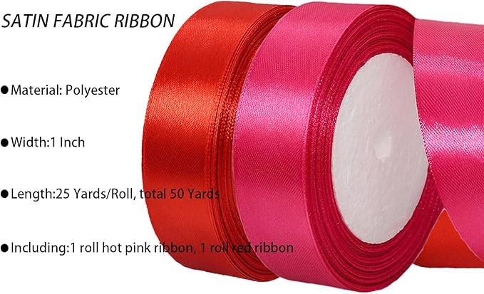 2 Rolls Red Hot Pink Ribbon, 1 Inch x 50 Yards Satin Fabric Ribbon for Flower Bouquets, Gift Wrapping, DIY Crafts, Birthday Cakes, Holiday, Wedding Party and Mother’s Day Decorations