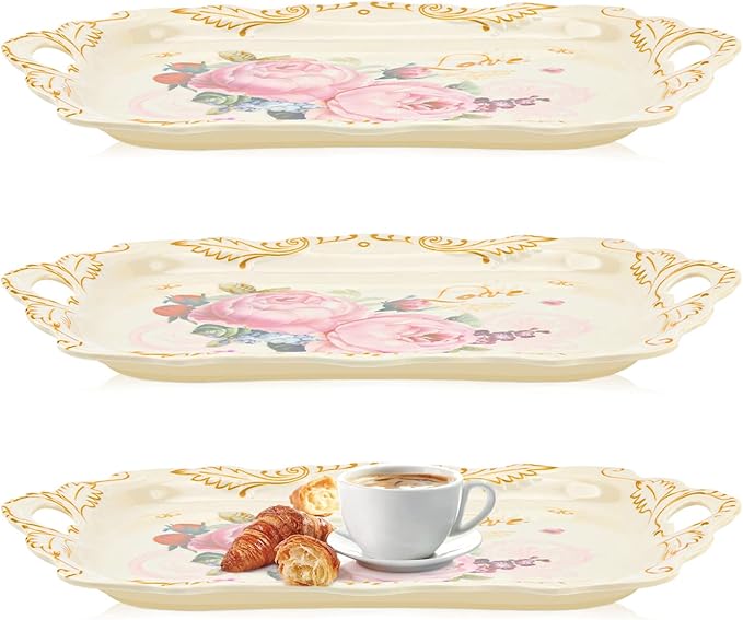 Melamine Serving Tray Art Trays,3 Pack Stackable Food Tray, Large Serving Platter with Handle for Eating, Unbreakable Large Serving Platter with Floral Print (16.5 x 11.3 x 1.4 Inches)