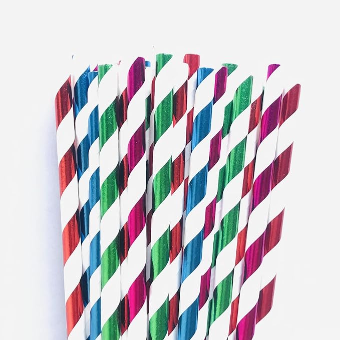 100 pcs Mixed Biodegradable Colorful Party Paper Straws, Colored Hot Pink Blue Red Green Foil Striped Drinking Straws Bulk, Restaurant Holiday Birthday Wedding Cake Pop Sticks (Metallic Stripe)