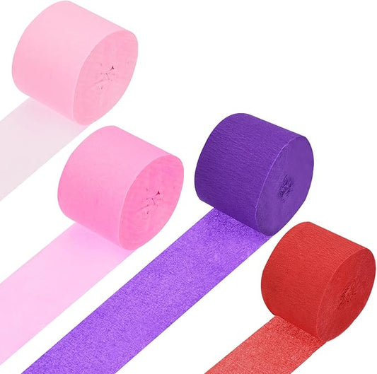 Crepe Paper Roll, 4 Rolls 328ft Crepe Paper Streamers, [for Party Streamer Decorations, Birthday Party] - (1.8 Inch x 82 ft/Roll) / Pink, Red, Peach Pink, Deep Purple