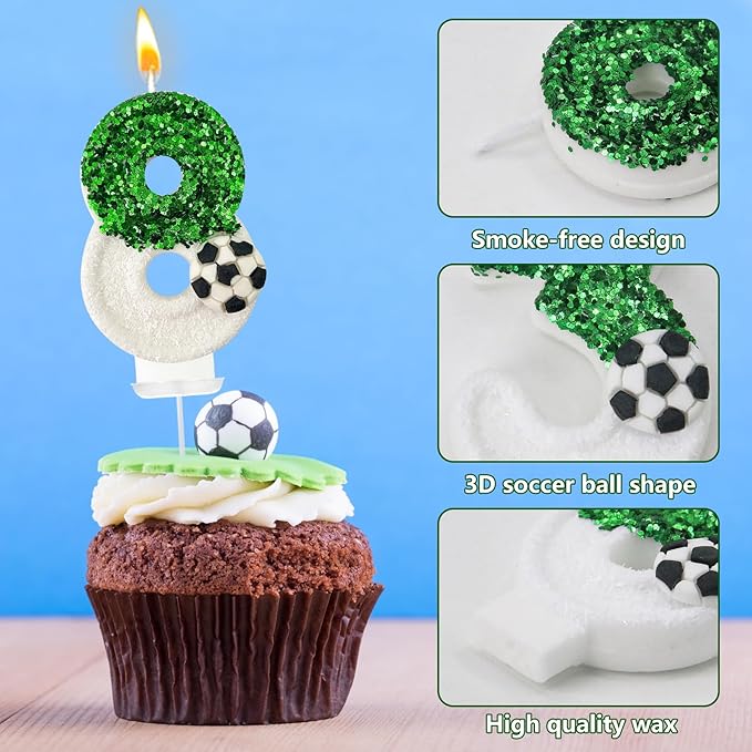 Birthday Candles，Soccer Birthday Decorations，Soccer Cake Topper,for Girl and boy Cake Toppers, Wedding Cakes, Anniversaries, Party Celebrations, Birthday Decorations (Green White, Number 8)