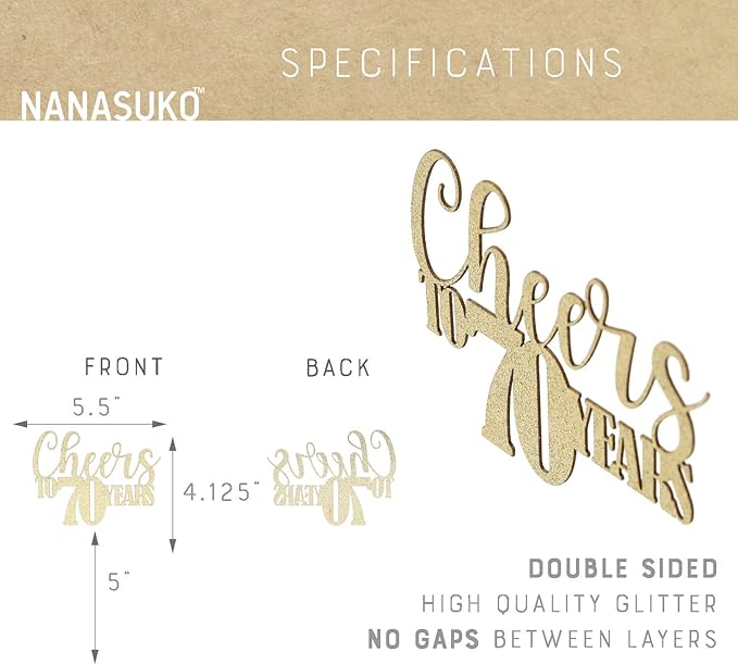 70th Birthday Cake Topper - Cheers to 70 years - Double Sided Gold Glitter, Premium quality Made in USA