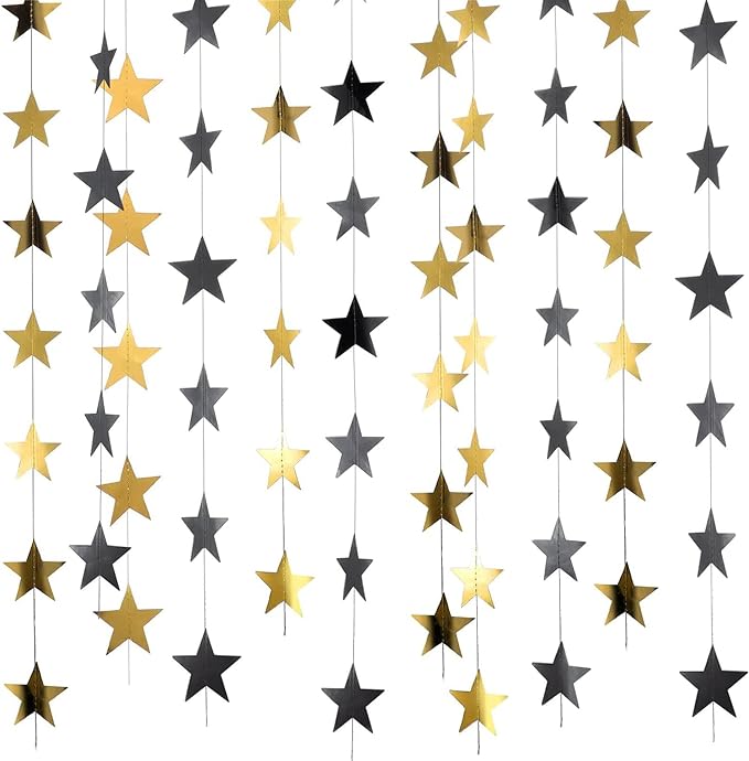 Patelai 130 Feet Glitter Star Garland Banner 2026 Party Decoration Double Side Star Hanging String Streamer Paper Twinkle for Graduation Wedding Birthday (Gold and Black)