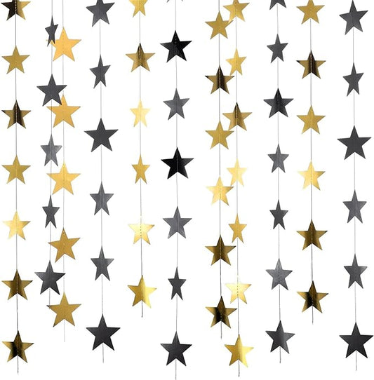 Patelai 130 Feet Glitter Star Garland Banner 2026 Party Decoration Double Side Star Hanging String Streamer Paper Twinkle for Graduation Wedding Birthday (Gold and Black)