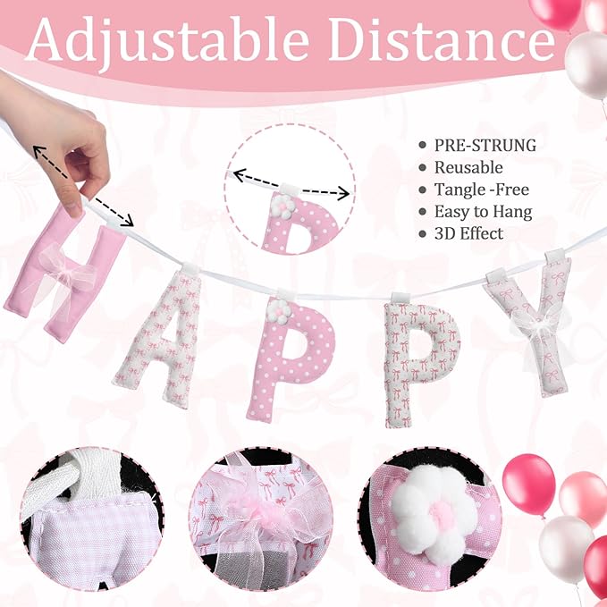 Suncalla Pre-strung Happy Birthday Banner Sign Reusable Felt Happy Birthday Garland Hanging Decorations Party Bunting Garland for Party Decor Photo Pro Home Backdrop(Cute,Pink)