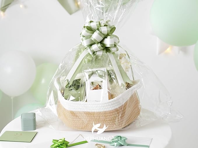 HUIHUANG Sage Green Pull Bows for Gift Wrapping 12 PCS Sage and Ivory Double Layer Satin Pull Bows 6" x 10" Gift Bow for Presents, Gift Basket, Birthday Baby Shower Wedding Party Decor