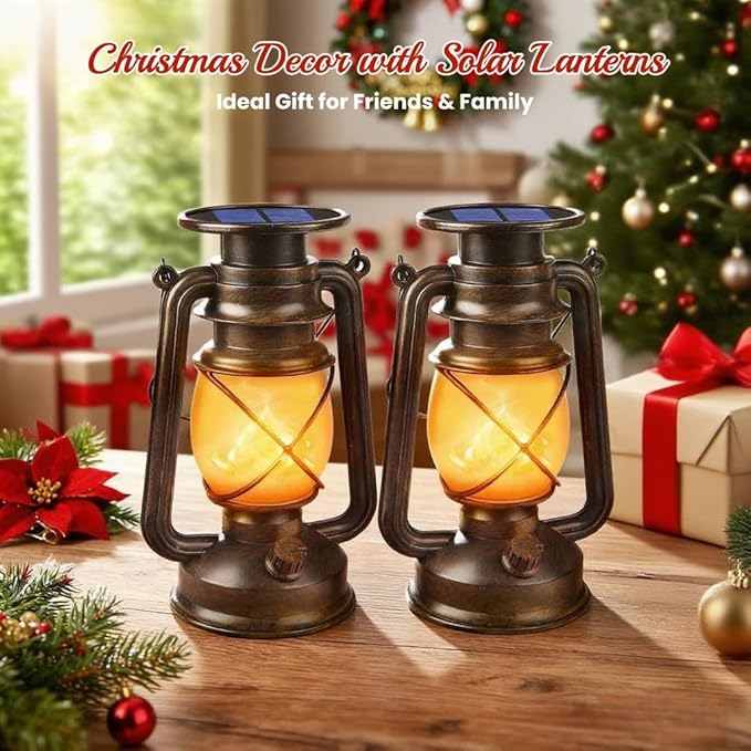 Wondrastical Solar Lanterns Outdoor Waterproof, 2 Pack Flickering Flame LED Hanging Lantern, Bronze Vintage Solar Powered Decorative Lights for Patio Porch Garden Yard Pathway Camping