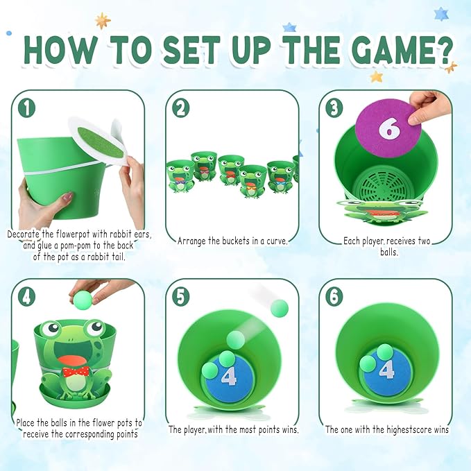 Frog Toss Ball Game Frog Birthday Decorations with 6 Plastic Flower Pots 6 Frogs Decor 12 Balls Toss Play Set for Green Frogs Party Decorations Favors Supplies Indoor Outdoor