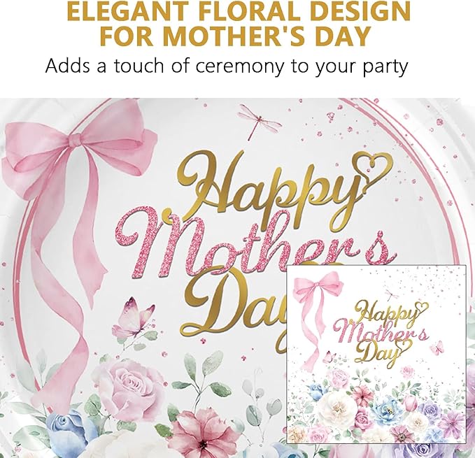 48 PCS Happy Mother's Day Paper Plates and Napkins Mothers Day Party Supplies Disposable Plates Napkins Tableware Set for Floral Theme Best Mom Mothers Birthday Party Family Dinner Table Decorations