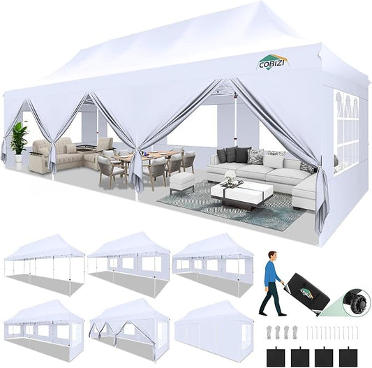 COBIZI Canopy Tent 10x30 Pop Up Canopy with 8 Removable Sidewalls Party Tents for Parties Wedding Patio Commercial Waterproof and UV50+ Ez Outdoor Instant Gazebo with Roller Bag & 4 Sandbags（White）