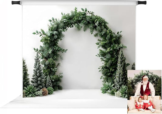Kate Christmas Arch White Wall Backdrop Dark Green Christmas Trees Background Winter Greenery Archway Photo Background Studio Props,10x8ft